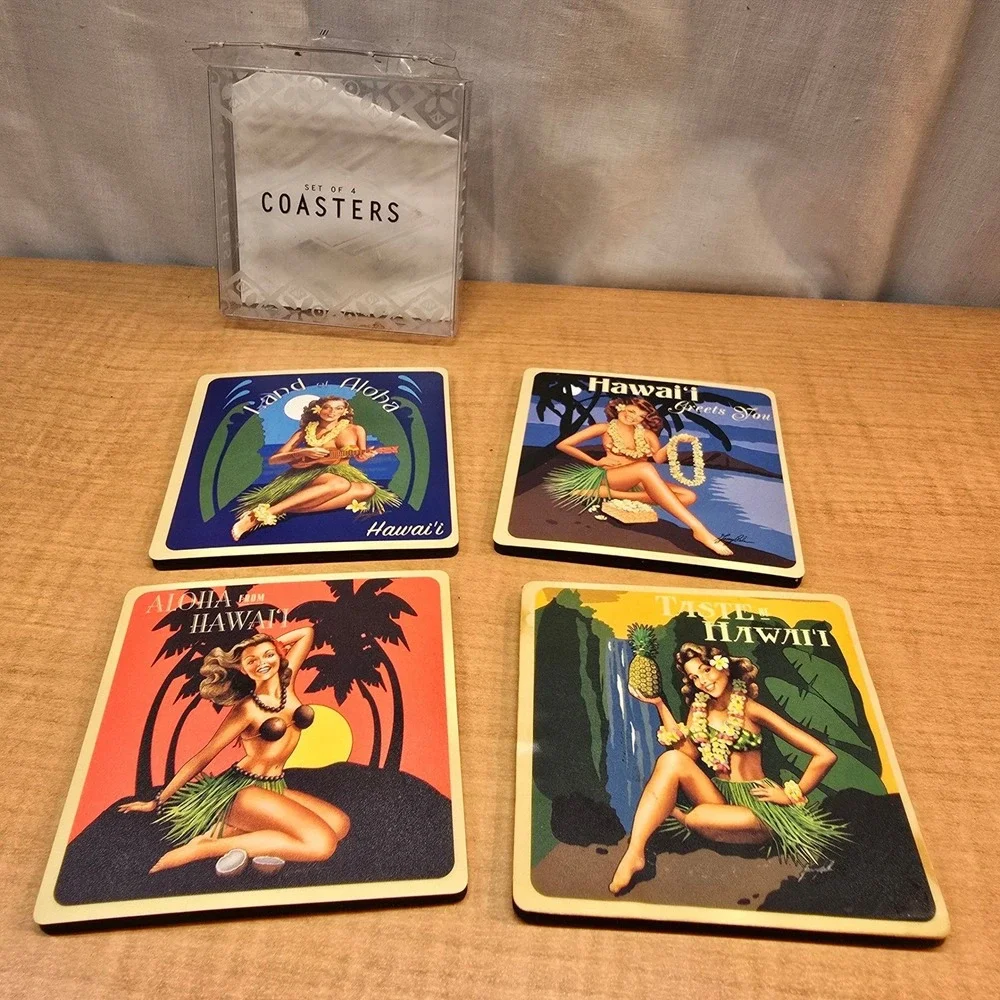 Hawaiian 4 pack Coasters VTG Coconut, Pineapple, Garry‎ Palm Poster Girl